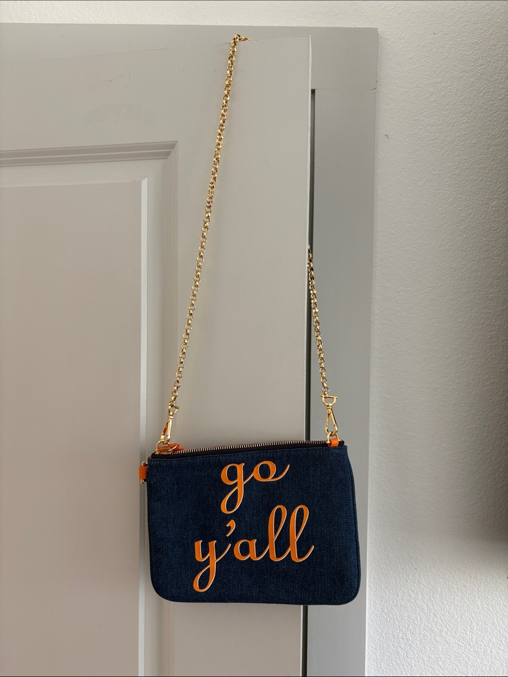 Draper James Navy Crossbody with Orange Script & Gold Chain